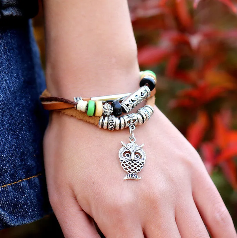 Genuine Cow Leather Bracelets Womens Lovely Animal Hollow Owl Pendant Charm Bracelet & Bangle Women Wristband Wrap