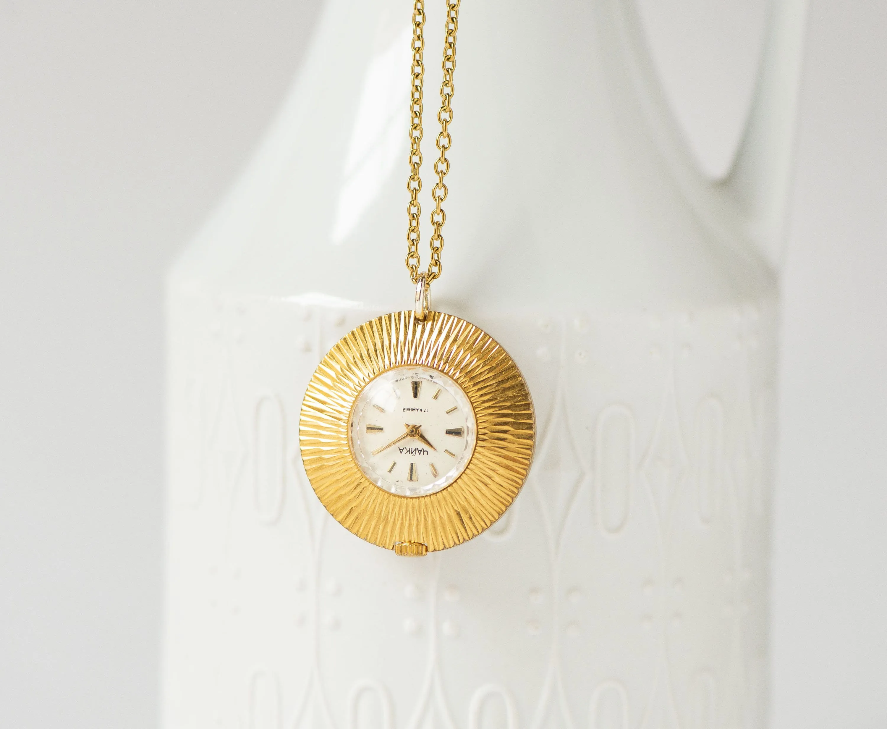 Gold plated lady's watch pendant round sunburst case, necklace women's watch Seagull vintage, lady watch pendant rare design jewelry gift