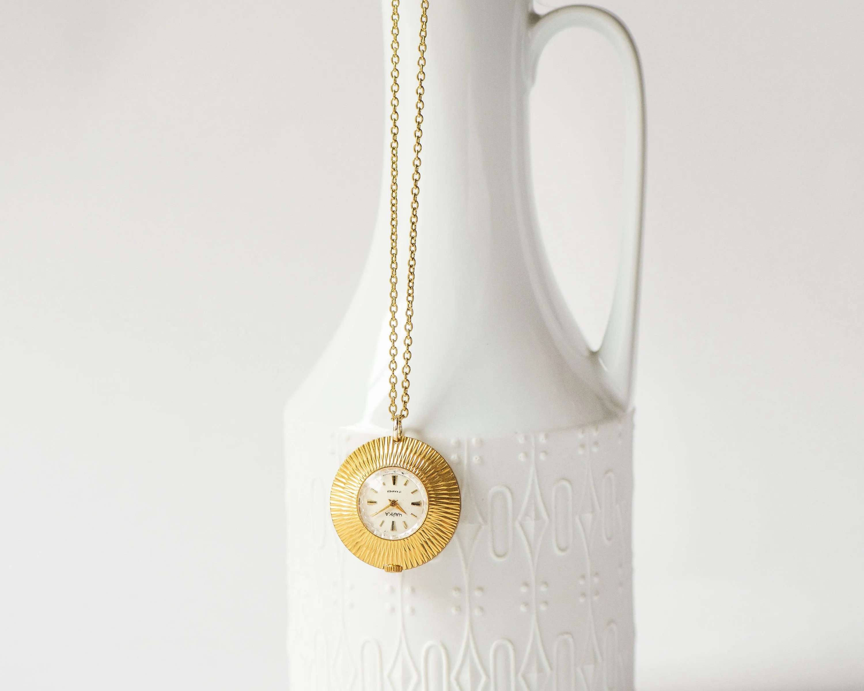 Gold plated lady's watch pendant round sunburst case, necklace women's watch Seagull vintage, lady watch pendant rare design jewelry gift