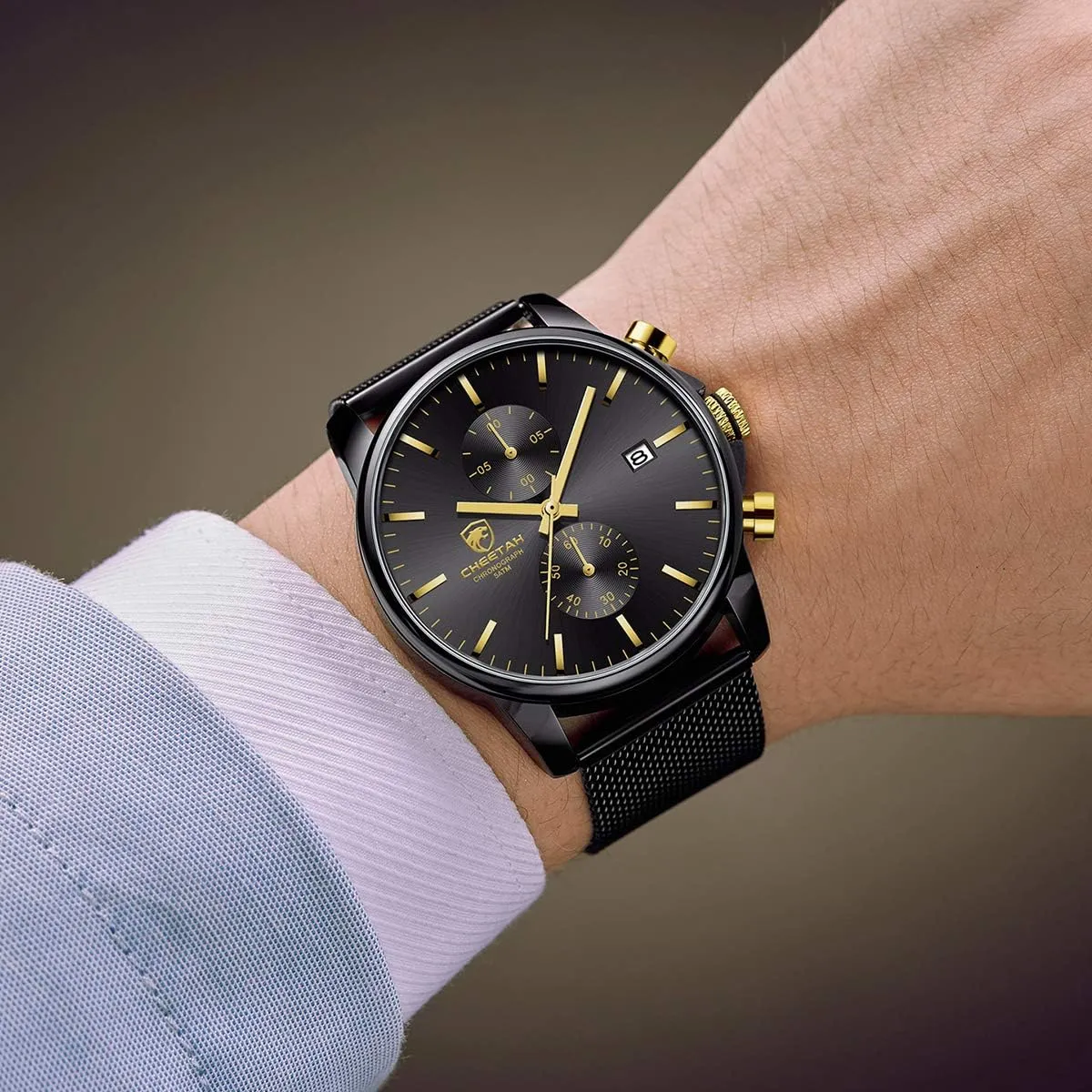 GOLDEN HOUR Mens Watch Fashion Sleek Minimalist Quartz Analog Mesh Stainless Steel Waterproof Chronograph Watches