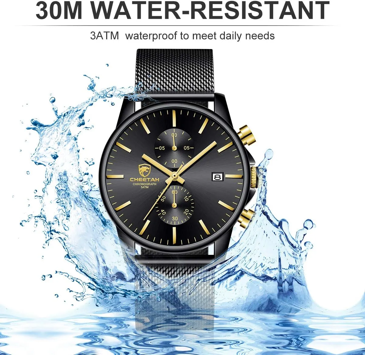 GOLDEN HOUR Mens Watch Fashion Sleek Minimalist Quartz Analog Mesh Stainless Steel Waterproof Chronograph Watches