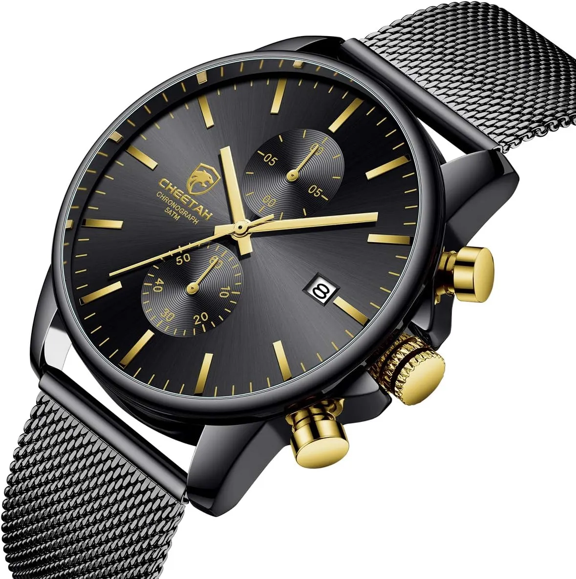 GOLDEN HOUR Mens Watch Fashion Sleek Minimalist Quartz Analog Mesh Stainless Steel Waterproof Chronograph Watches