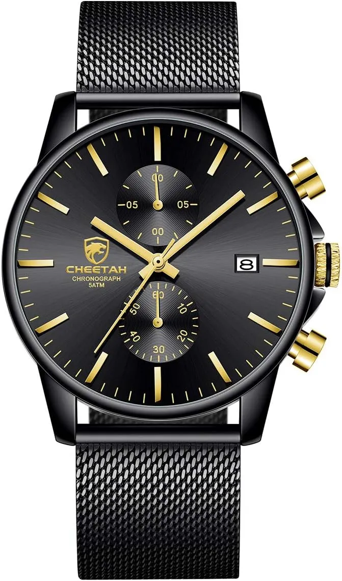 GOLDEN HOUR Mens Watch Fashion Sleek Minimalist Quartz Analog Mesh Stainless Steel Waterproof Chronograph Watches