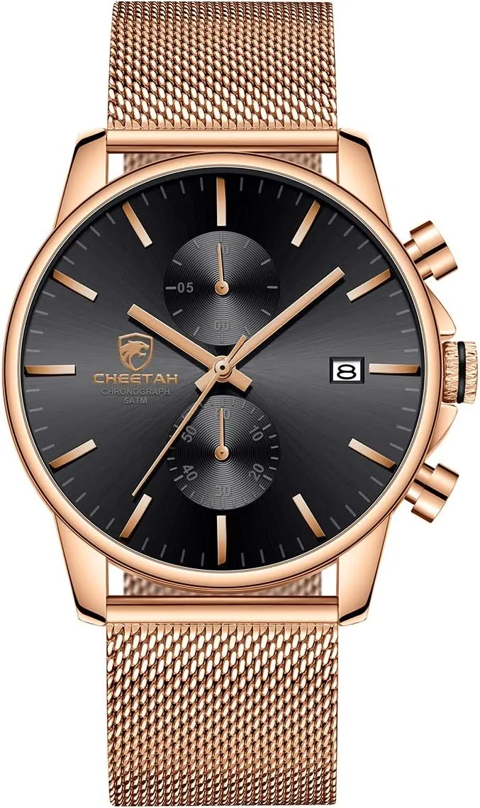 GOLDEN HOUR Mens Watch Fashion Sleek Minimalist Quartz Analog Mesh Stainless Steel Waterproof Chronograph Watches