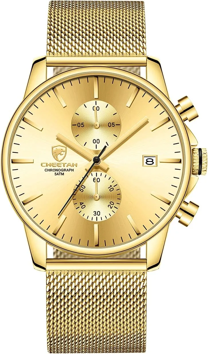 GOLDEN HOUR Mens Watch Fashion Sleek Minimalist Quartz Analog Mesh Stainless Steel Waterproof Chronograph Watches