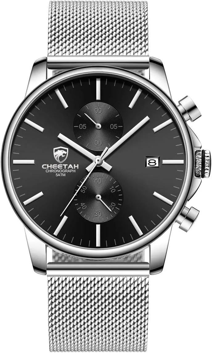 GOLDEN HOUR Mens Watch Fashion Sleek Minimalist Quartz Analog Mesh Stainless Steel Waterproof Chronograph Watches