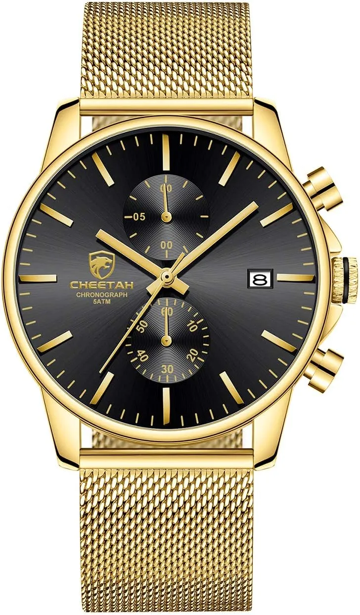 GOLDEN HOUR Mens Watch Fashion Sleek Minimalist Quartz Analog Mesh Stainless Steel Waterproof Chronograph Watches