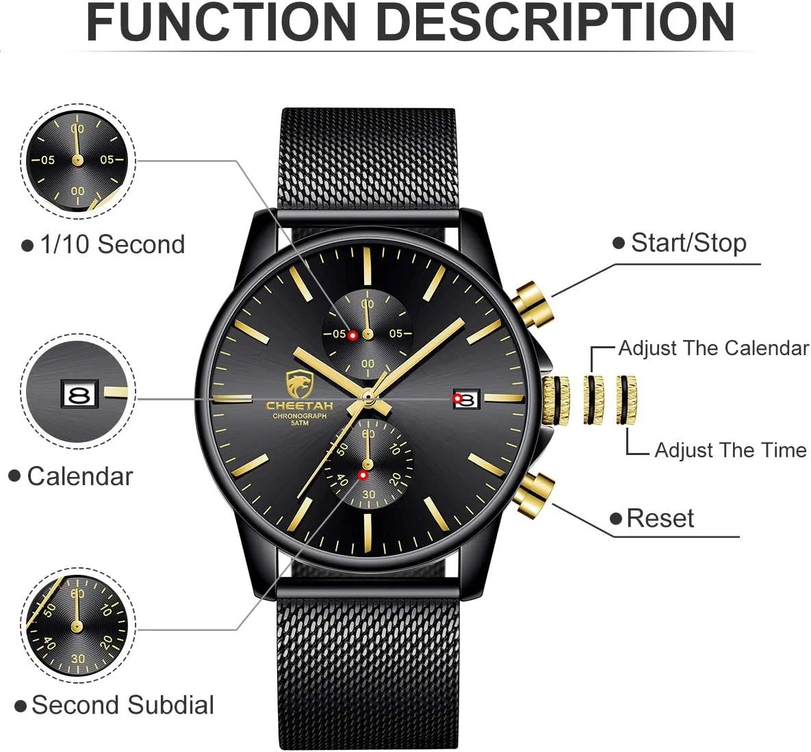 GOLDEN HOUR Mens Watch Fashion Sleek Minimalist Quartz Analog Mesh Stainless Steel Waterproof Chronograph Watches