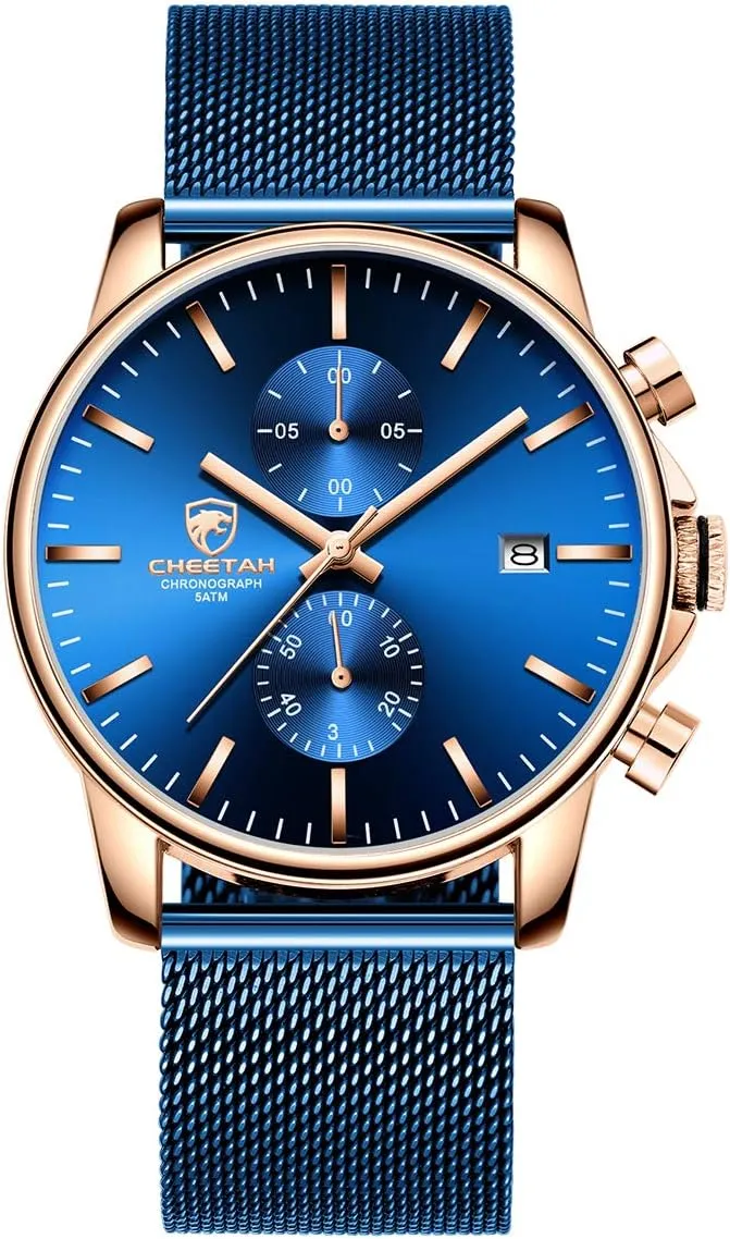 GOLDEN HOUR Mens Watch Fashion Sleek Minimalist Quartz Analog Mesh Stainless Steel Waterproof Chronograph Watches