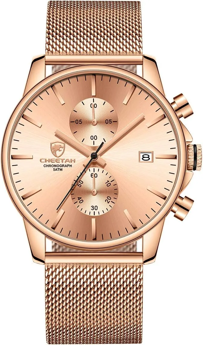 GOLDEN HOUR Mens Watch Fashion Sleek Minimalist Quartz Analog Mesh Stainless Steel Waterproof Chronograph Watches