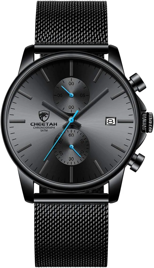 GOLDEN HOUR Mens Watch Fashion Sleek Minimalist Quartz Analog Mesh Stainless Steel Waterproof Chronograph Watches