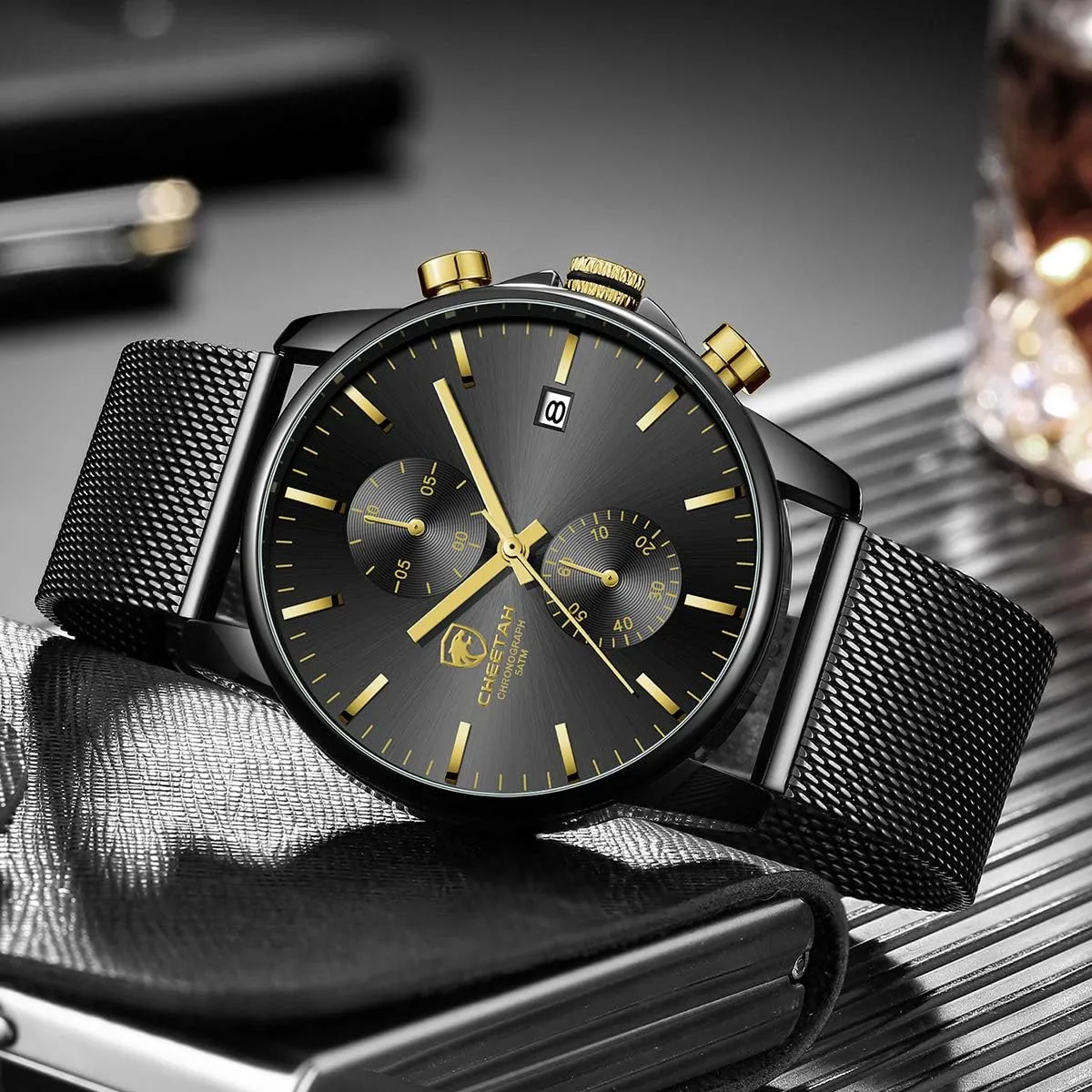 GOLDEN HOUR Mens Watch Fashion Sleek Minimalist Quartz Analog Mesh Stainless Steel Waterproof Chronograph Watches