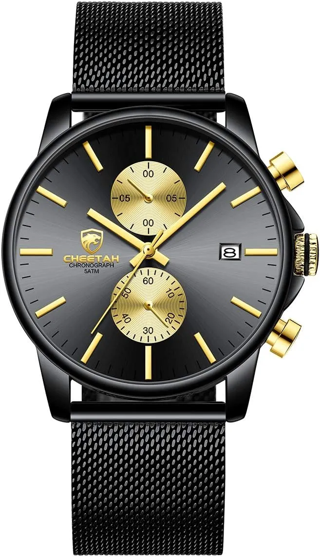 GOLDEN HOUR Mens Watch Fashion Sleek Minimalist Quartz Analog Mesh Stainless Steel Waterproof Chronograph Watches