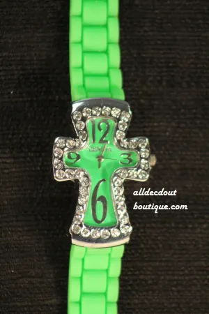 Green/Lime Green Cross Clear Rhinestones | Silicone Band