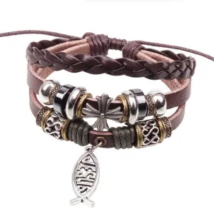 Handmade Fish Jesus Charm Genuine Leather Adjustable Bracelet Wristband Jewelry Valentine's Day Gift Men Woman
