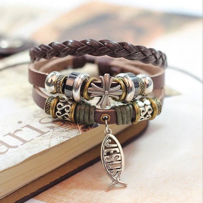 Handmade Fish Jesus Charm Genuine Leather Adjustable Bracelet Wristband Jewelry Valentine's Day Gift Men Woman