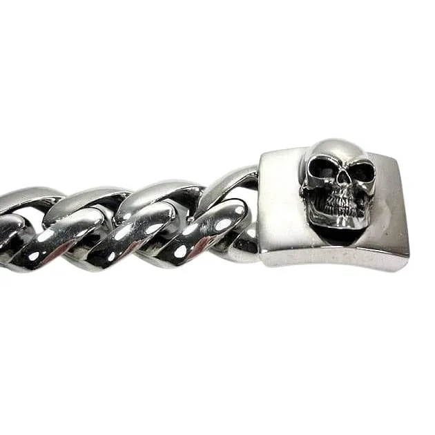 Heavy Skull Curb Link Sterling Silver Biker Bracelet