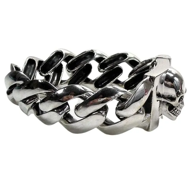 Heavy Skull Curb Link Sterling Silver Biker Bracelet