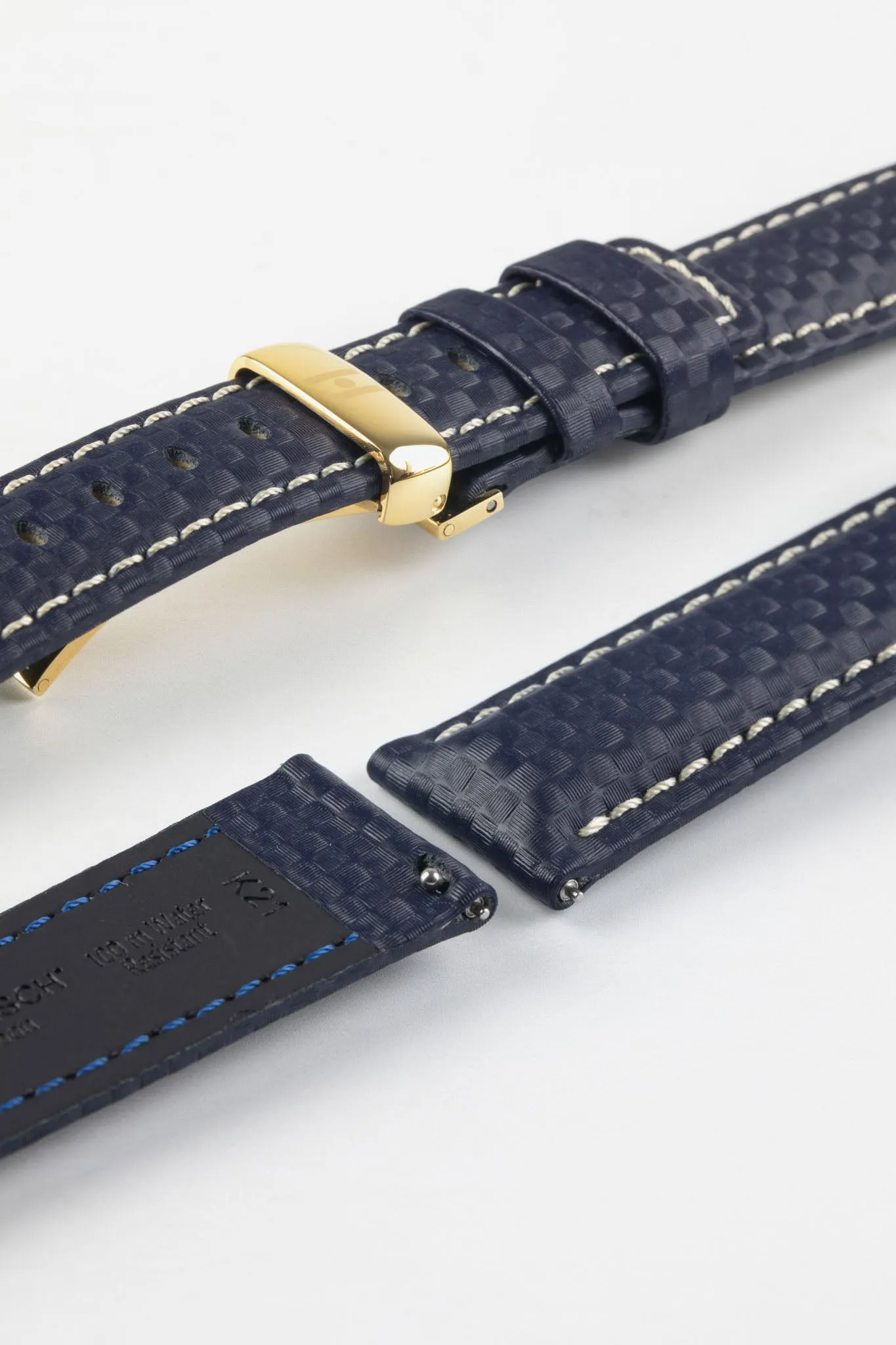 Hirsch CARBON Embossed Water-Resistant Leather Watch Strap in BLUE