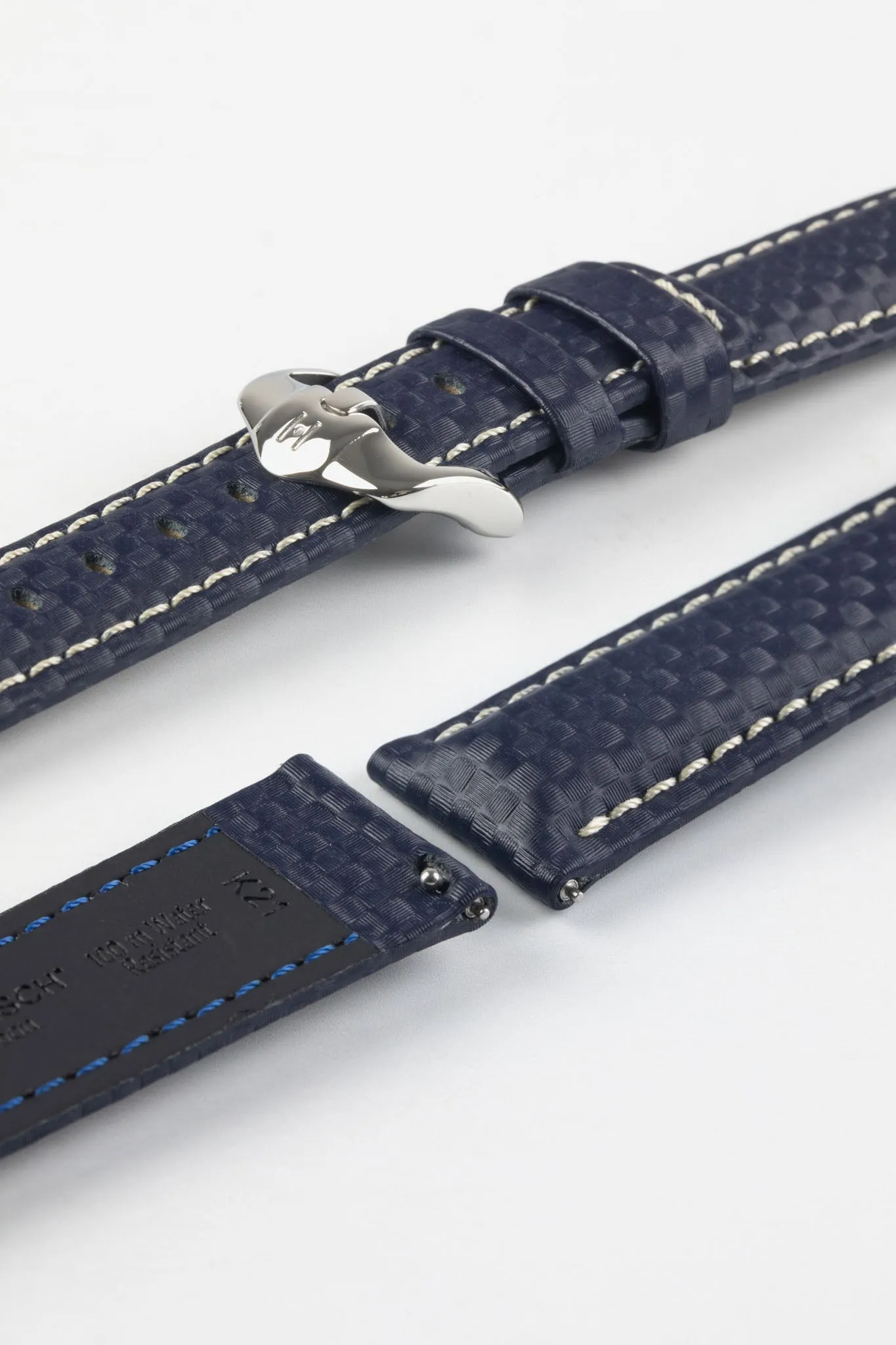 Hirsch CARBON Embossed Water-Resistant Leather Watch Strap in BLUE