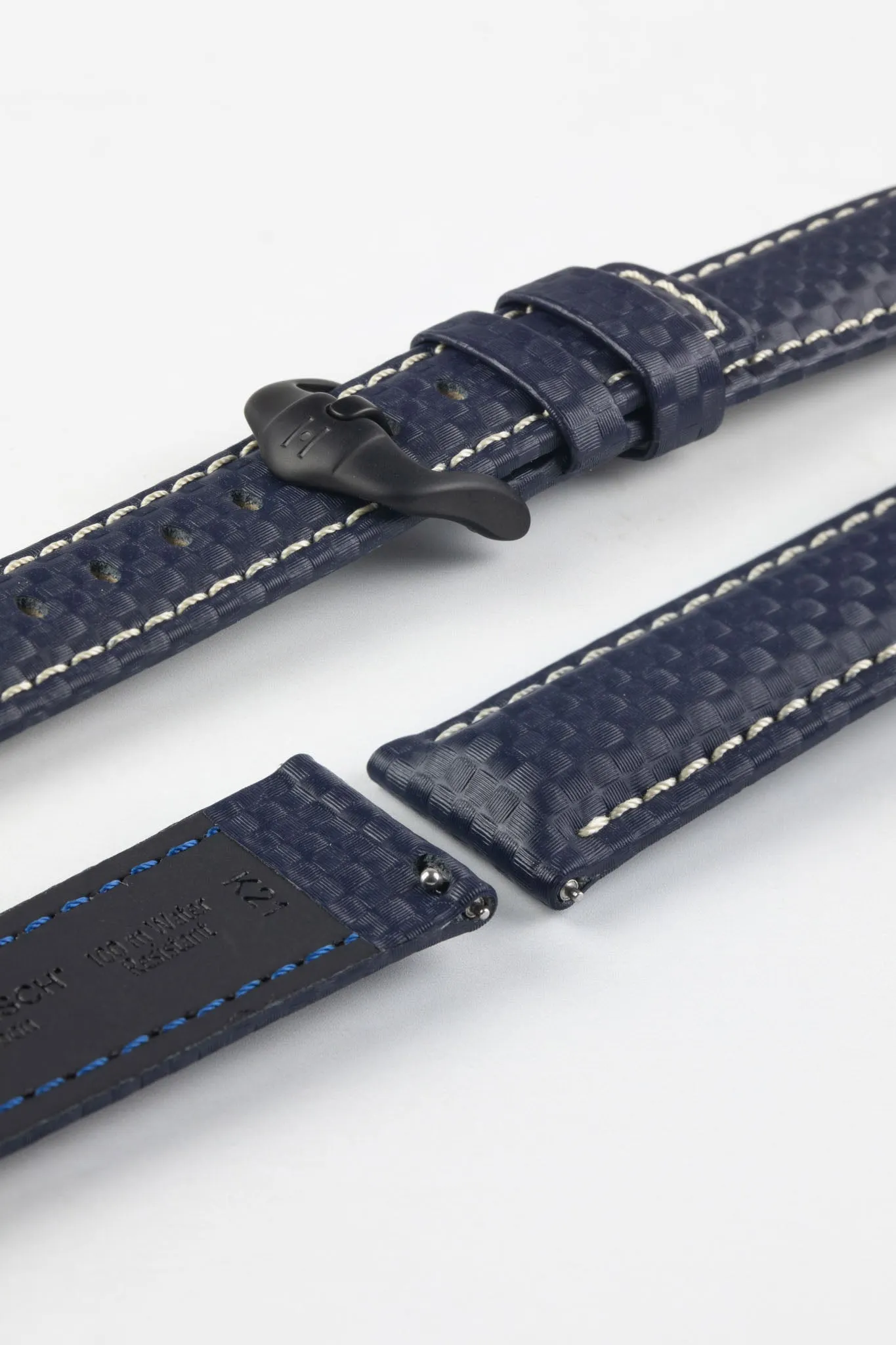 Hirsch CARBON Embossed Water-Resistant Leather Watch Strap in BLUE