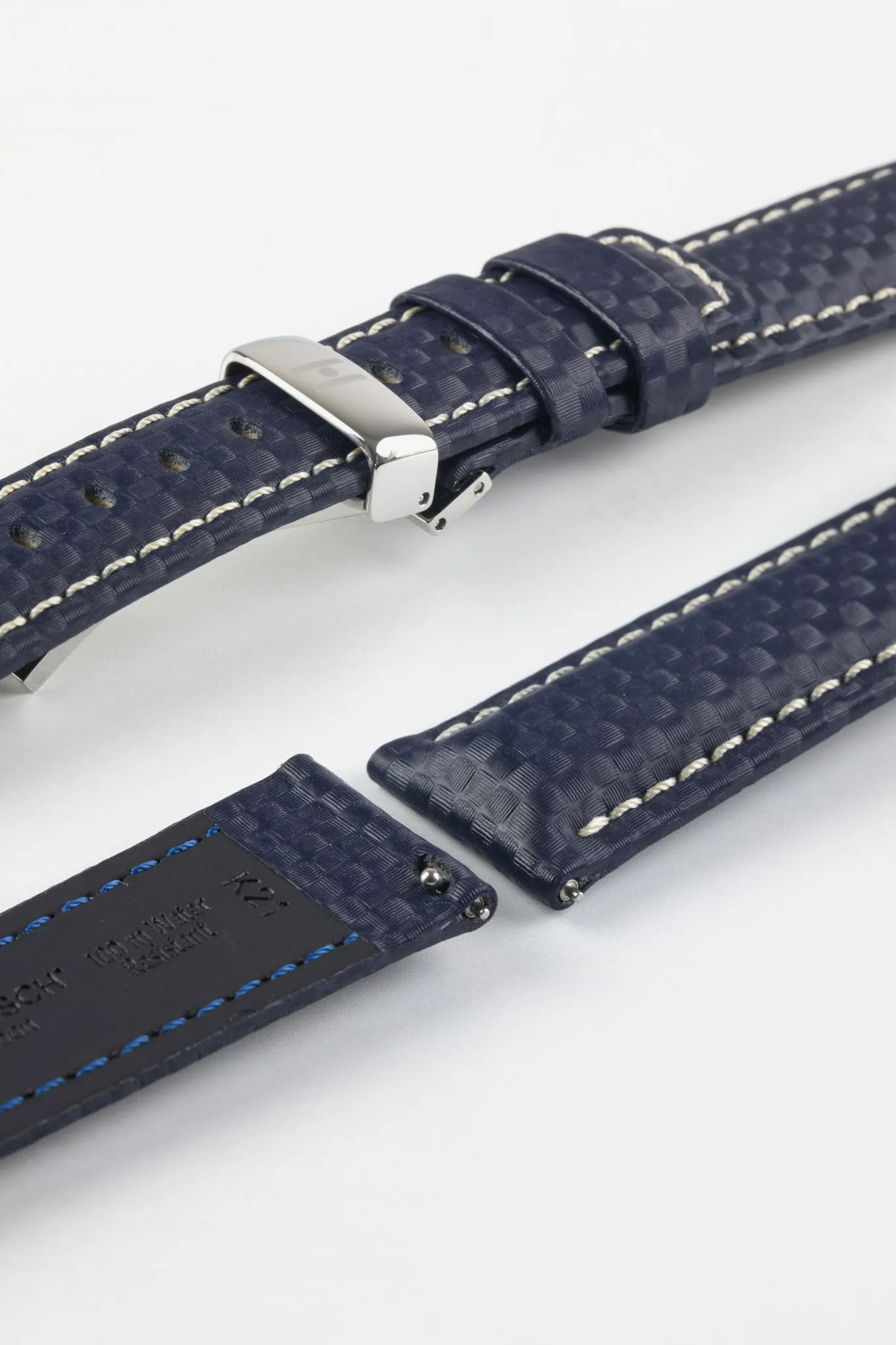 Hirsch CARBON Embossed Water-Resistant Leather Watch Strap in BLUE