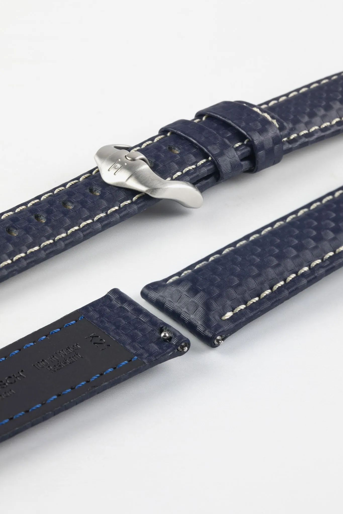 Hirsch CARBON Embossed Water-Resistant Leather Watch Strap in BLUE