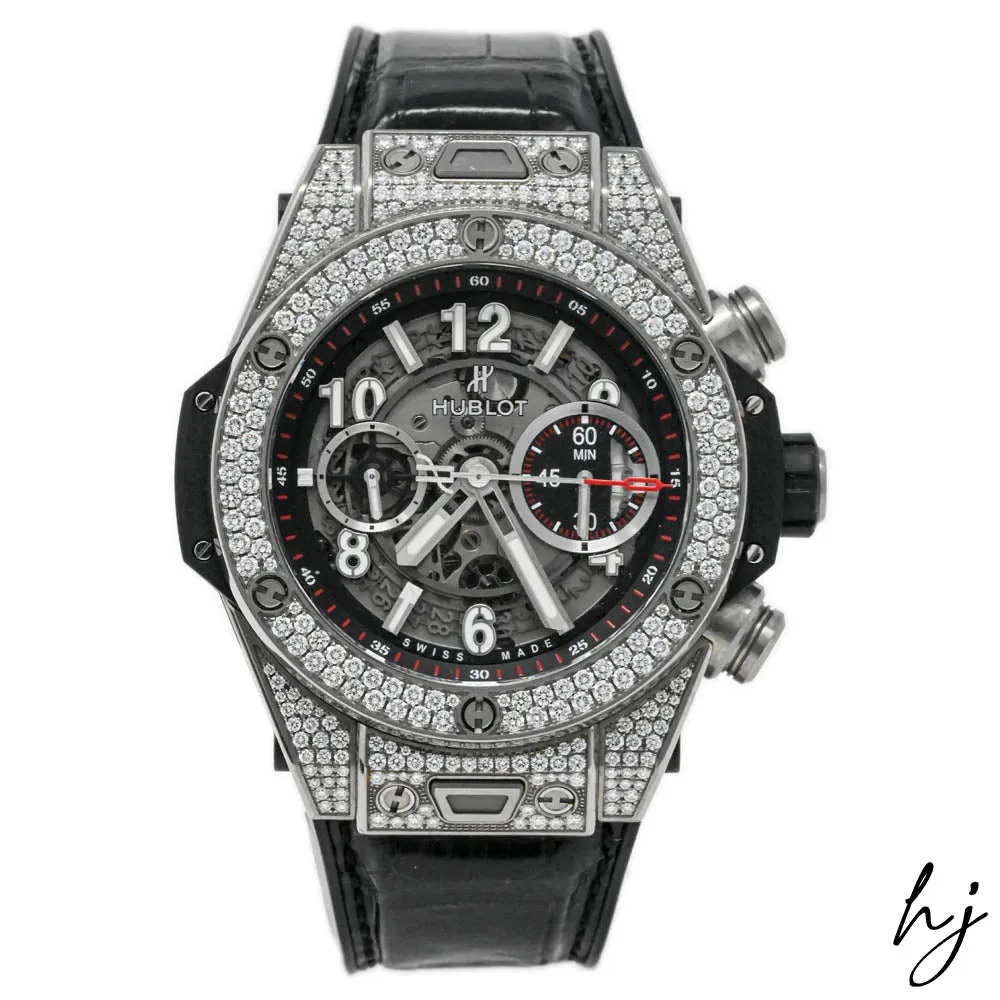 Hublot Men's Iced Out Big Bang Unico Titanium 45mm Skeleton Arabic Dial Watch Reference #: 411.NX.1170.RX.1704