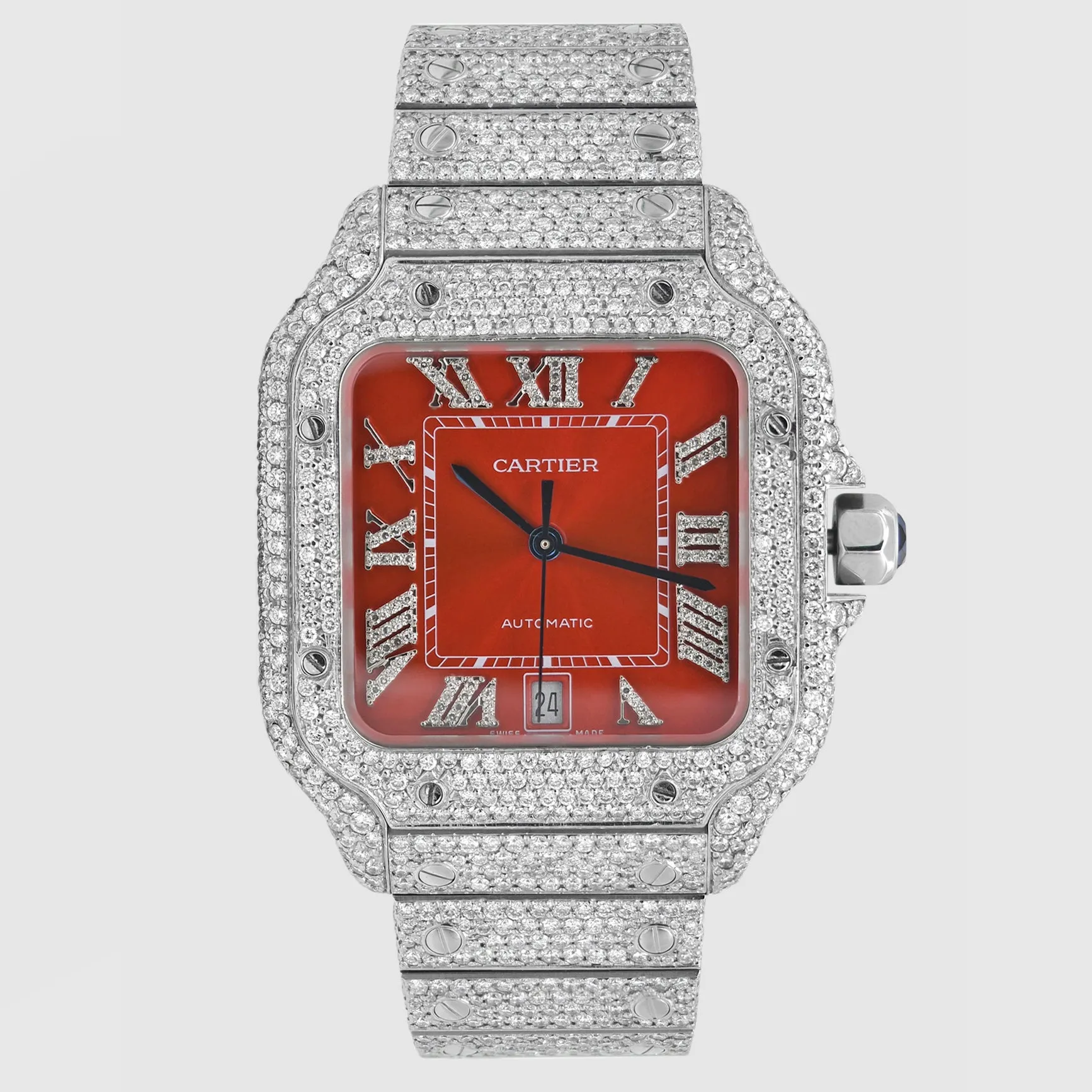 Iced Out Cartier Santos 40mm Diamond Red Dial Watch 20.5ct