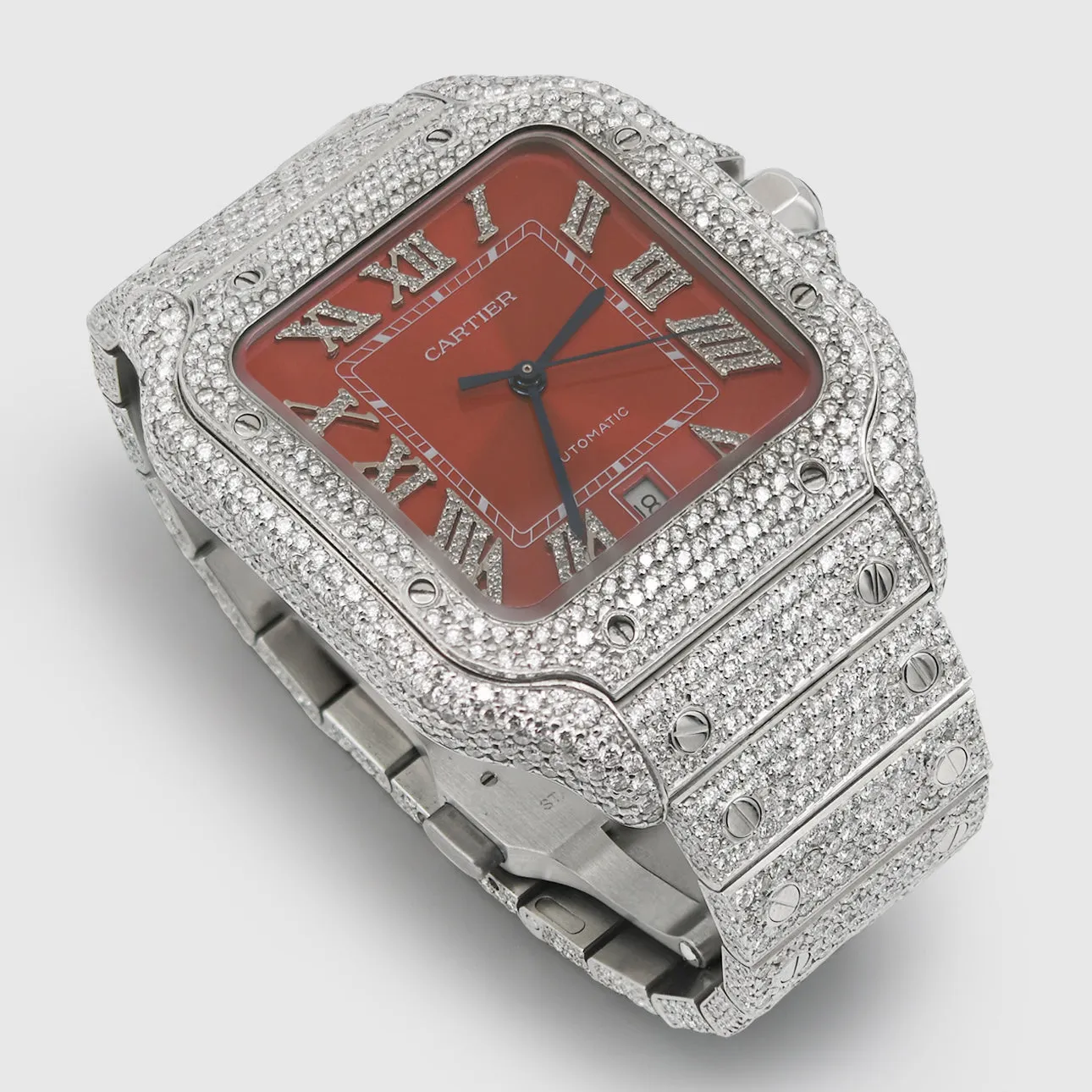 Iced Out Cartier Santos 40mm Diamond Red Dial Watch 20.5ct