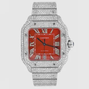 Iced Out Cartier Santos 40mm Diamond Red Dial Watch 20.5ct