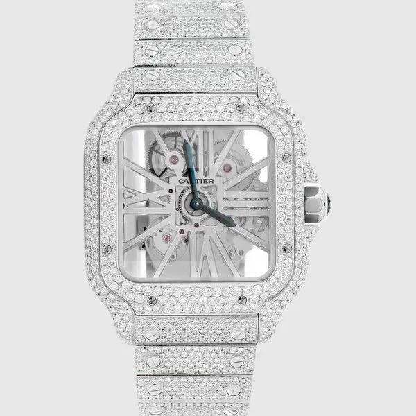 Iced Out Cartier Santos Skeleton 40mm Stainless Steel Diamond Watch 20.2ct.