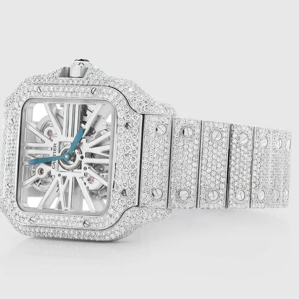 Iced Out Cartier Santos Skeleton 40mm Stainless Steel Diamond Watch 20.2ct.