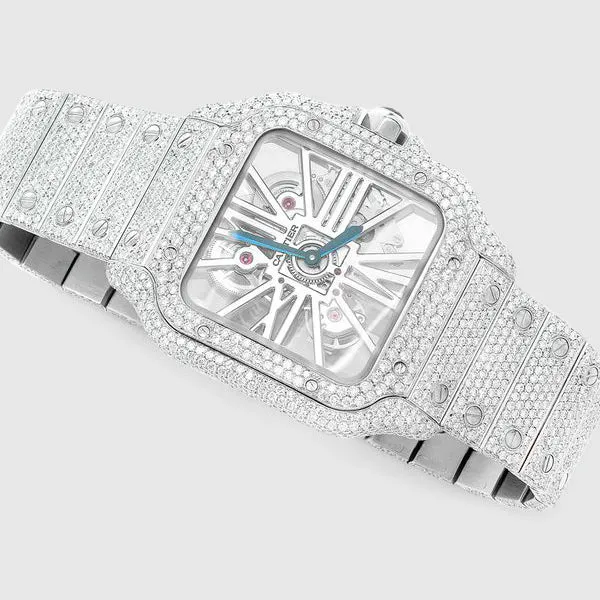 Iced Out Cartier Santos Skeleton 40mm Stainless Steel Diamond Watch 20.2ct.