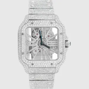 Iced Out Cartier Santos Skeleton 40mm Stainless Steel Diamond Watch 20.2ct.