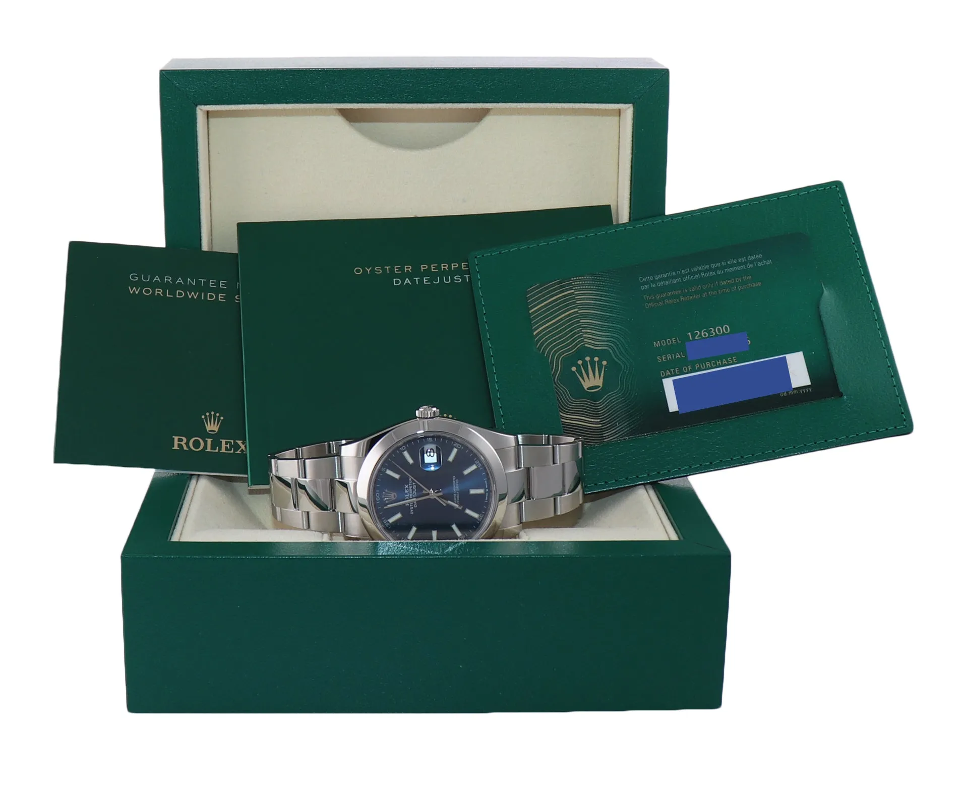 JUNE 2021 NEW PAPERS Rolex DateJust 41 Steel 126300 Blue Roman Oyster Watch Box