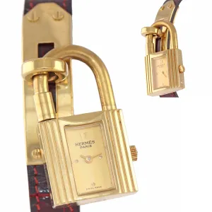 Ladies Hermes Kelly Gold Plated Padlock Lock Leather Band Bag Watch