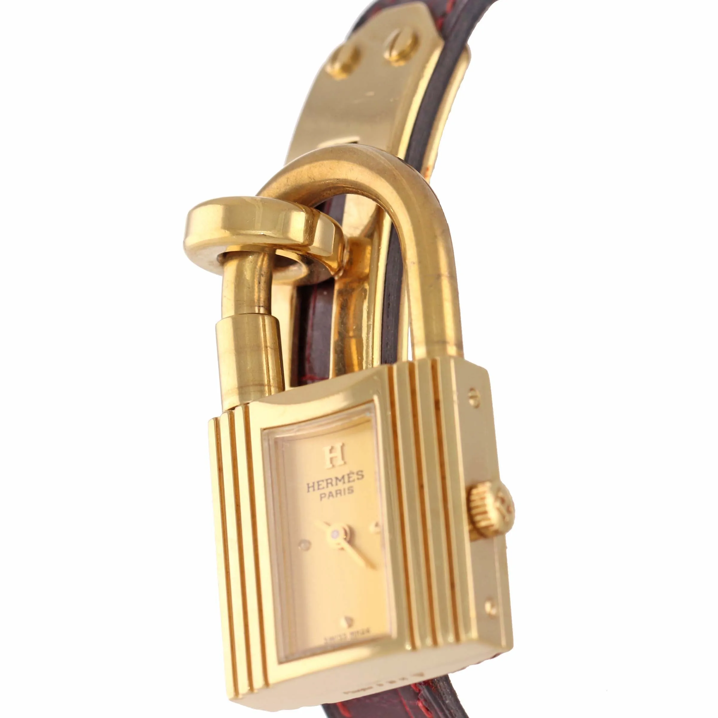 Ladies Hermes Kelly Gold Plated Padlock Lock Leather Band Bag Watch