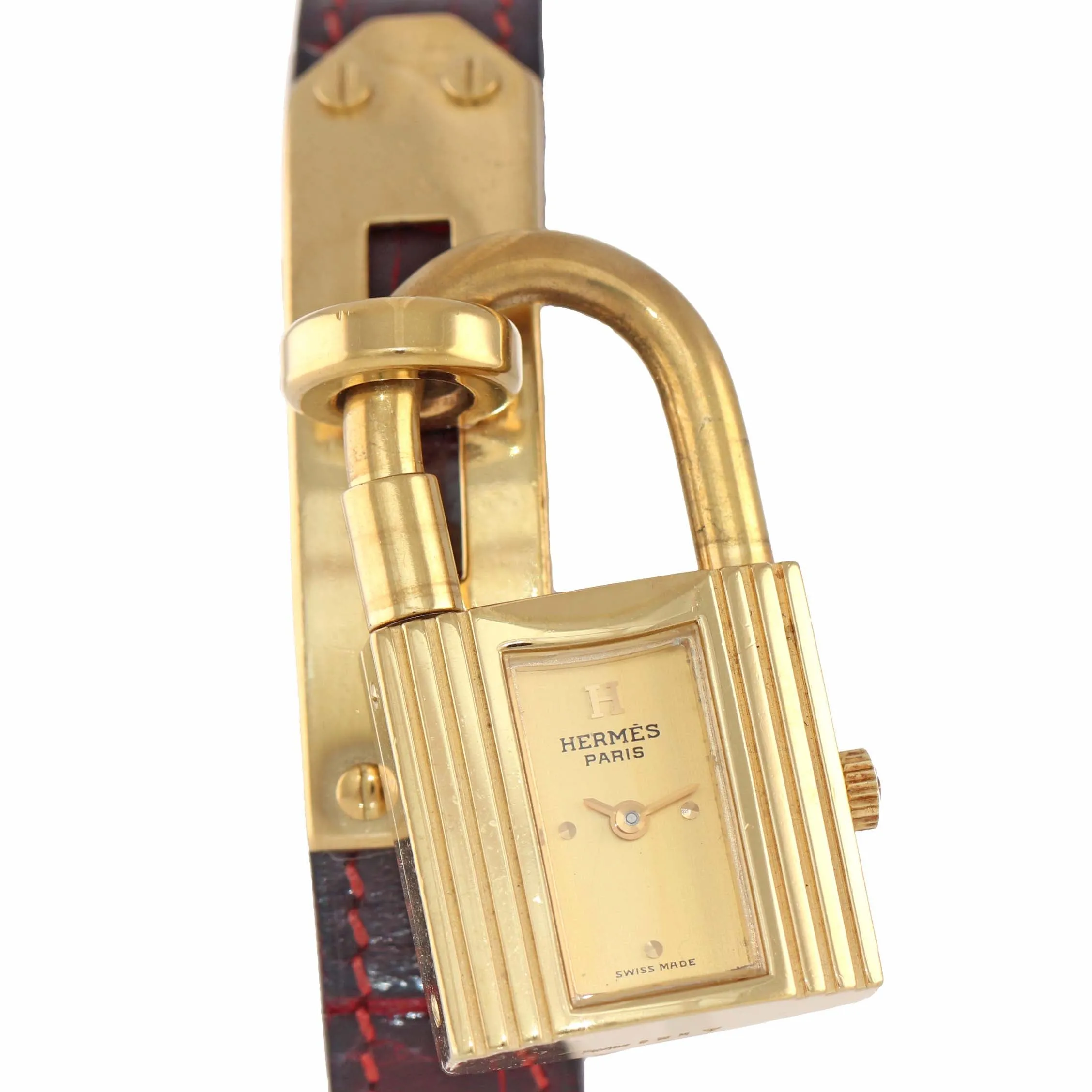 Ladies Hermes Kelly Gold Plated Padlock Lock Leather Band Bag Watch