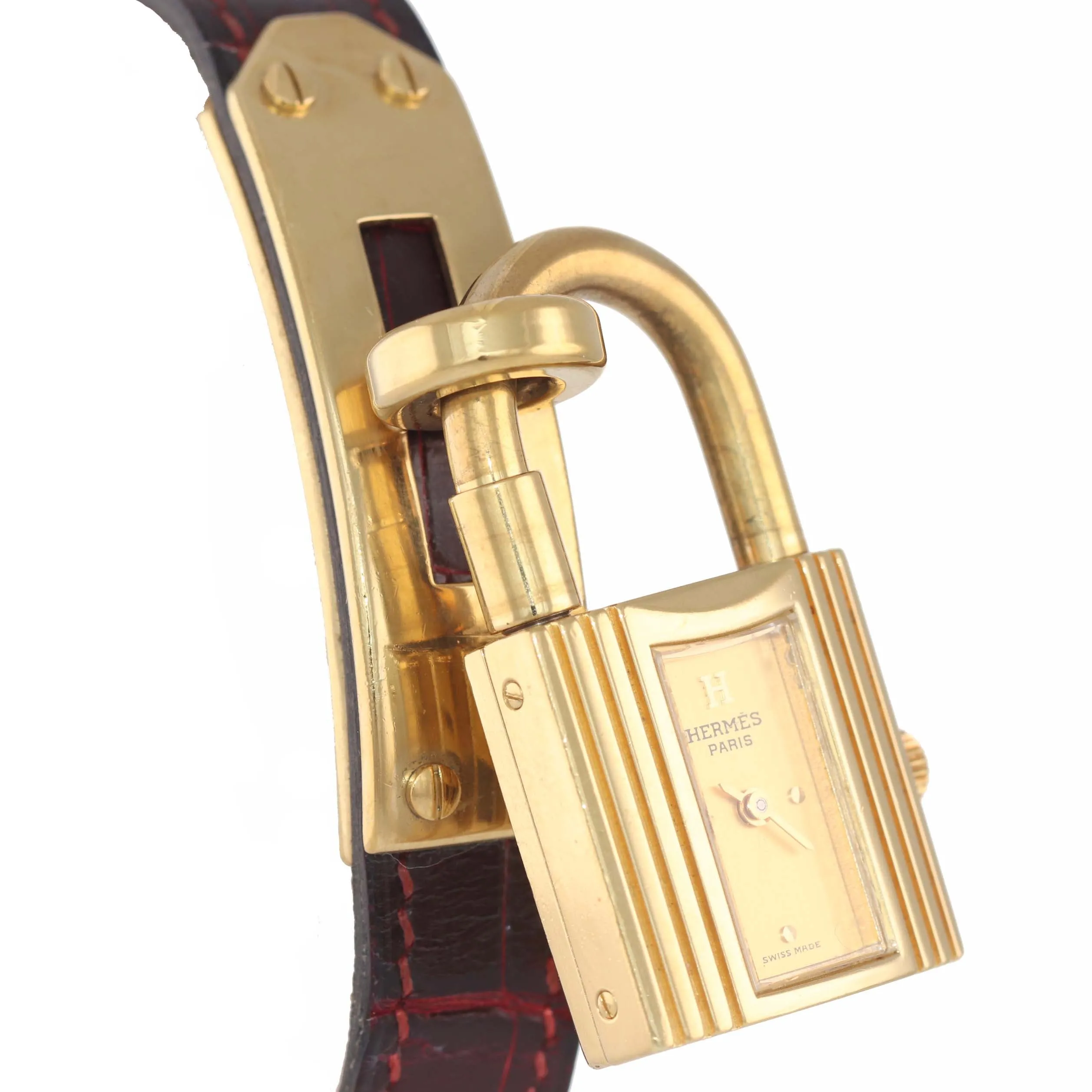 Ladies Hermes Kelly Gold Plated Padlock Lock Leather Band Bag Watch