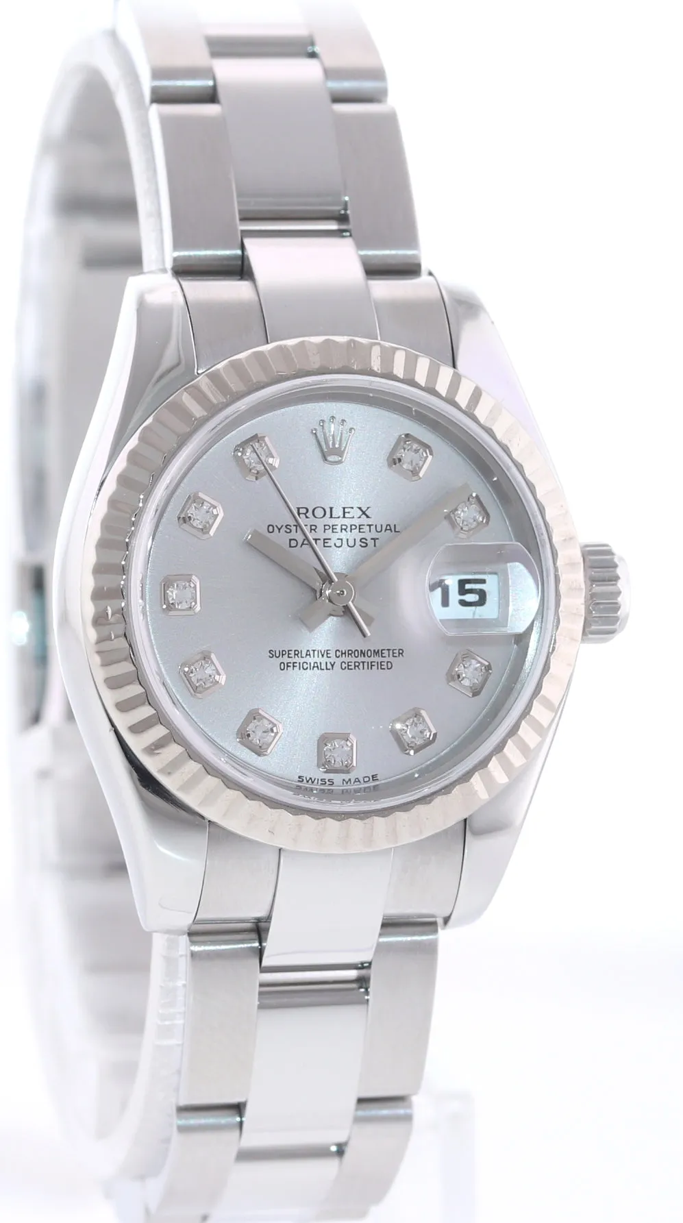 Ladies Rolex DateJust 179174 Diamond Dial 18k White Gold Steel 26mm Watch Box