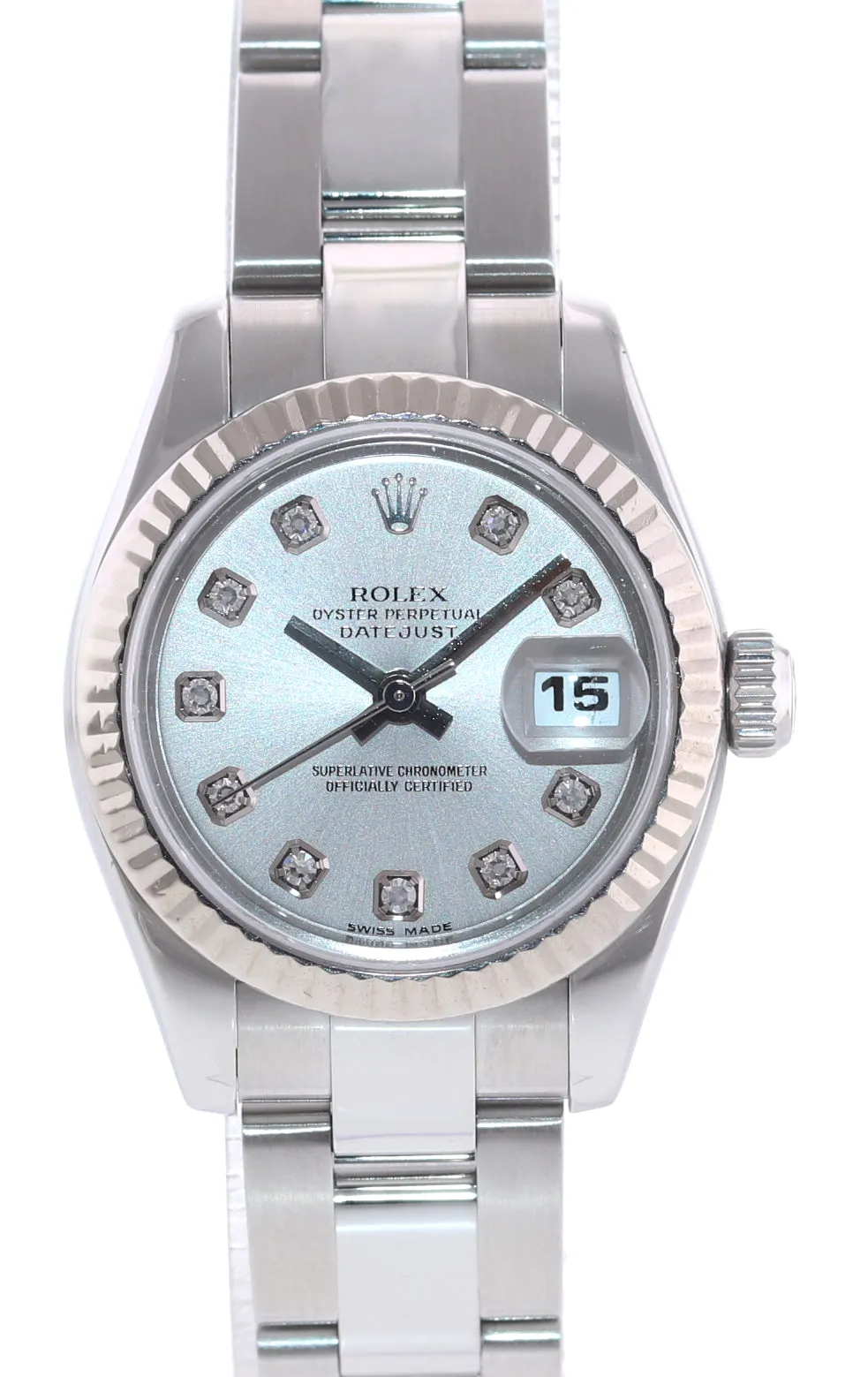 Ladies Rolex DateJust 179174 Diamond Dial 18k White Gold Steel 26mm Watch Box