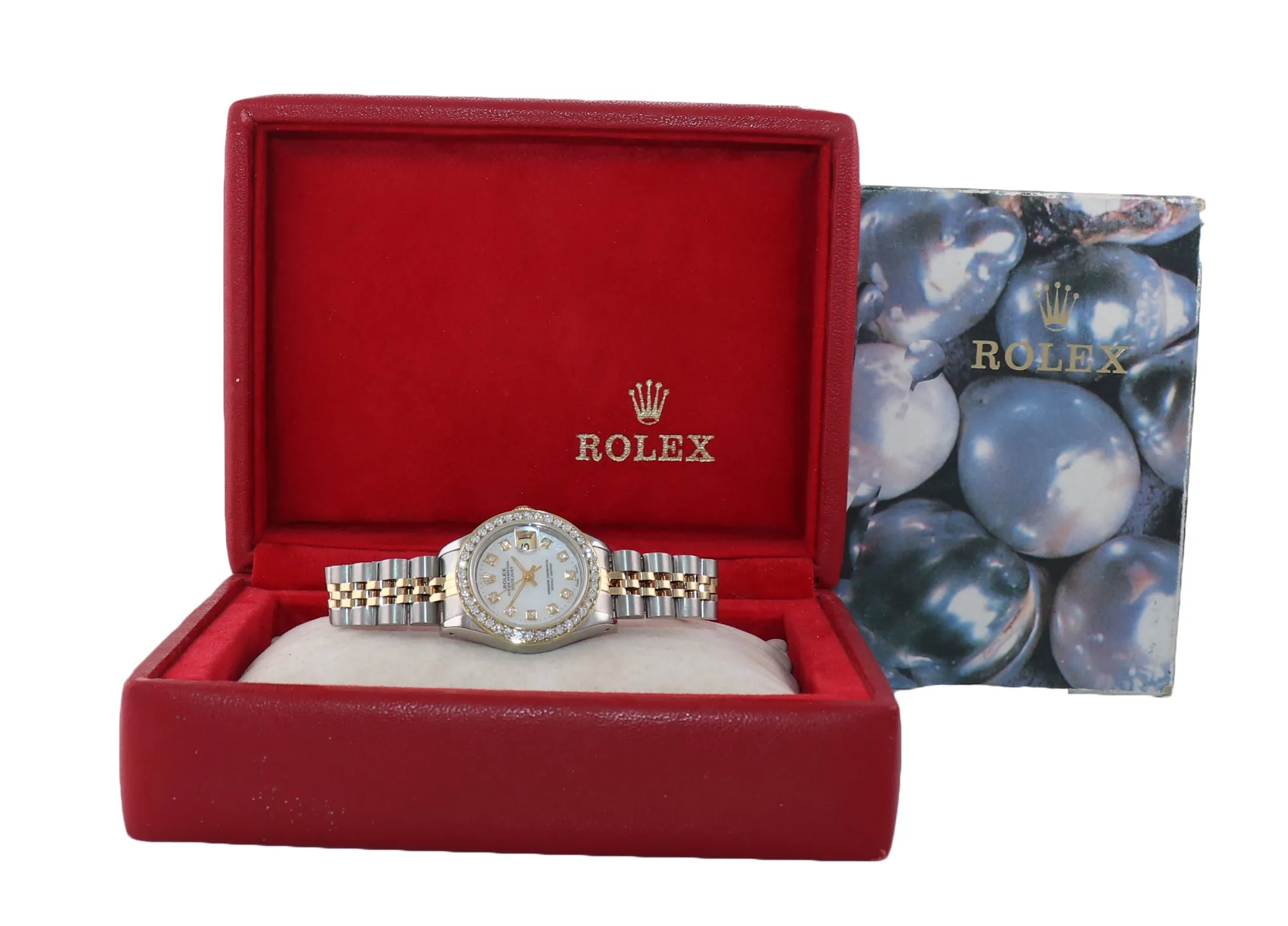 Ladies Rolex DateJust 69173 White MOP Diamond 26mm Two-Tone Oyster Watch Box