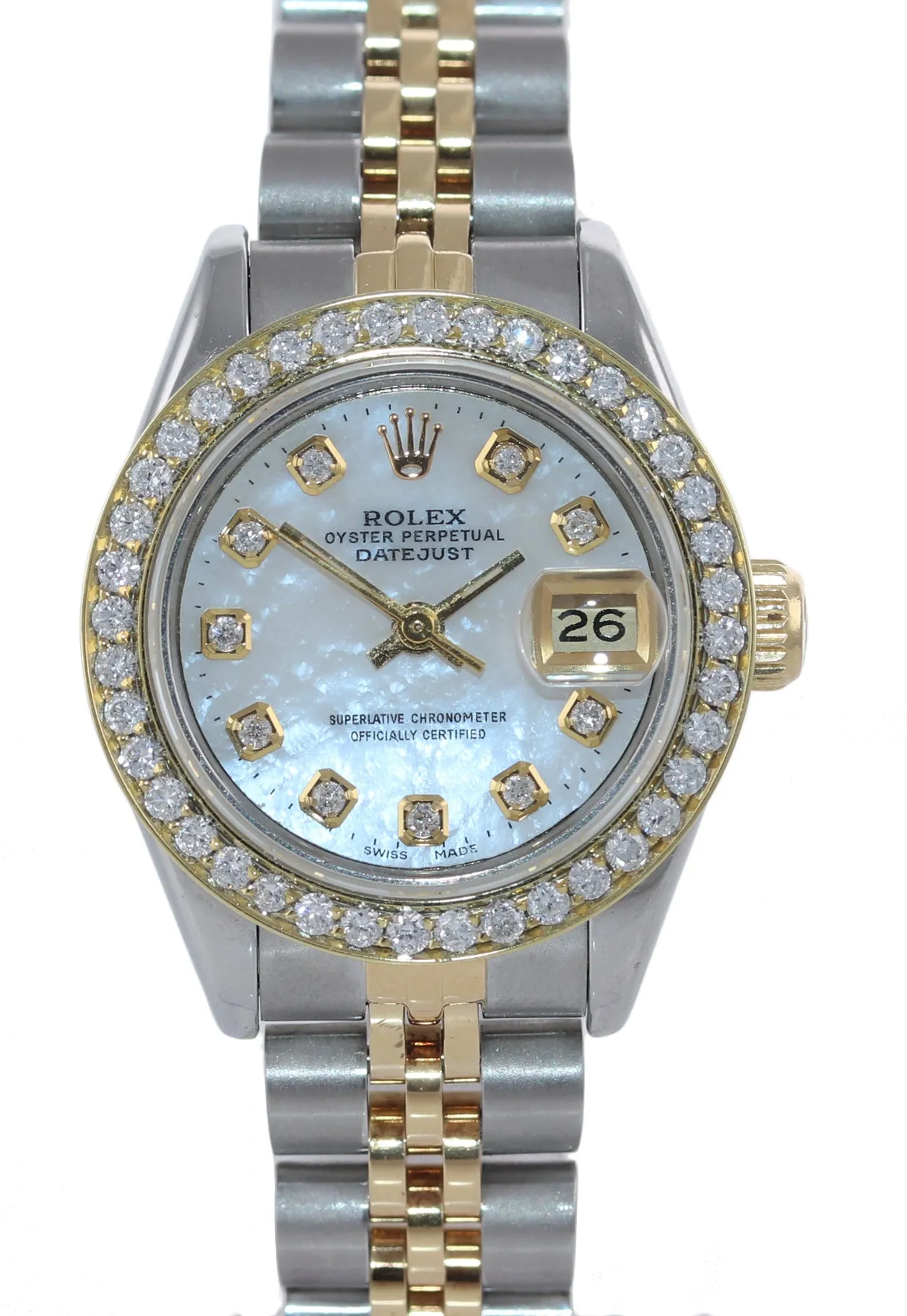 Ladies Rolex DateJust 69173 White MOP Diamond 26mm Two-Tone Oyster Watch Box
