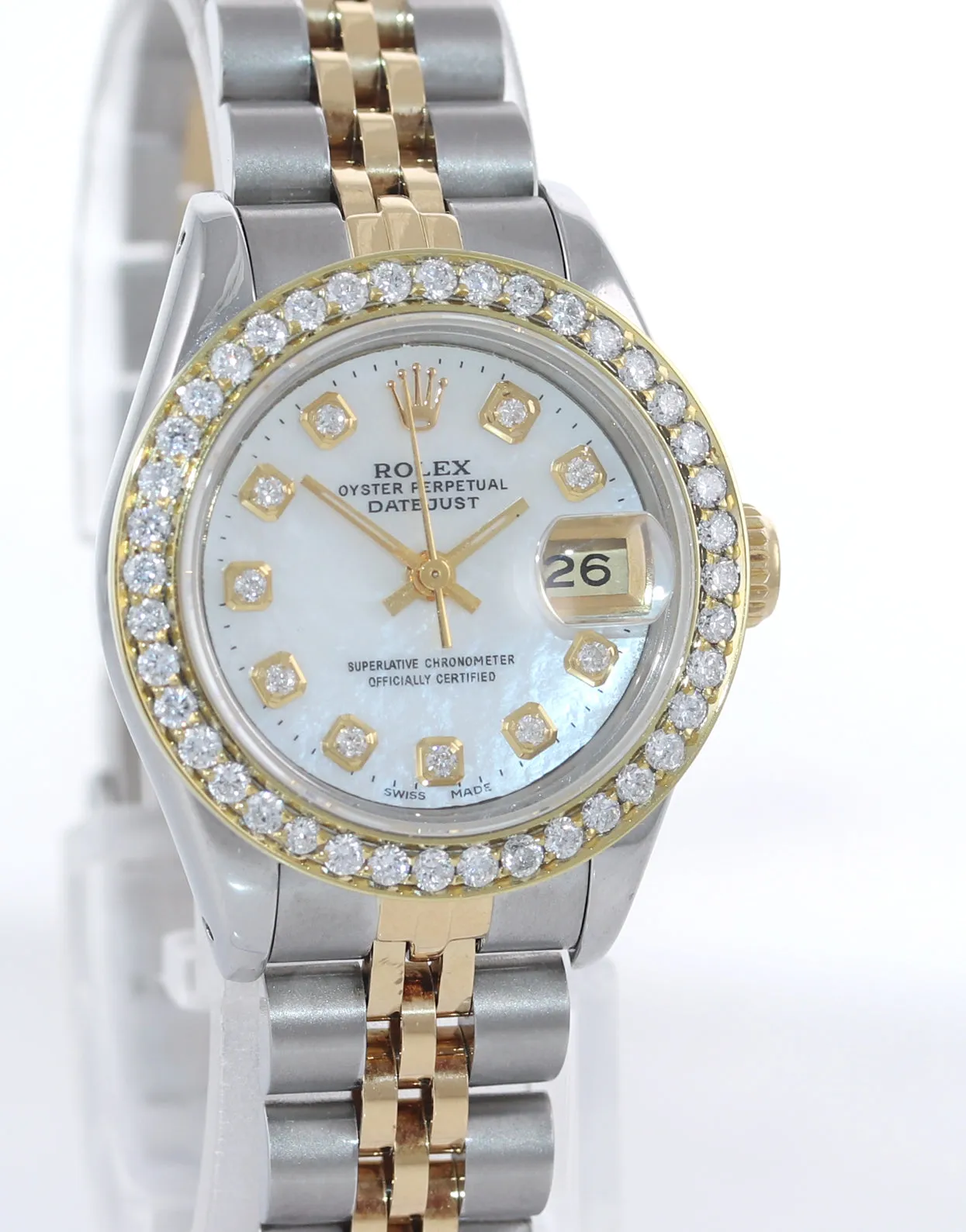 Ladies Rolex DateJust 69173 White MOP Diamond 26mm Two-Tone Oyster Watch Box
