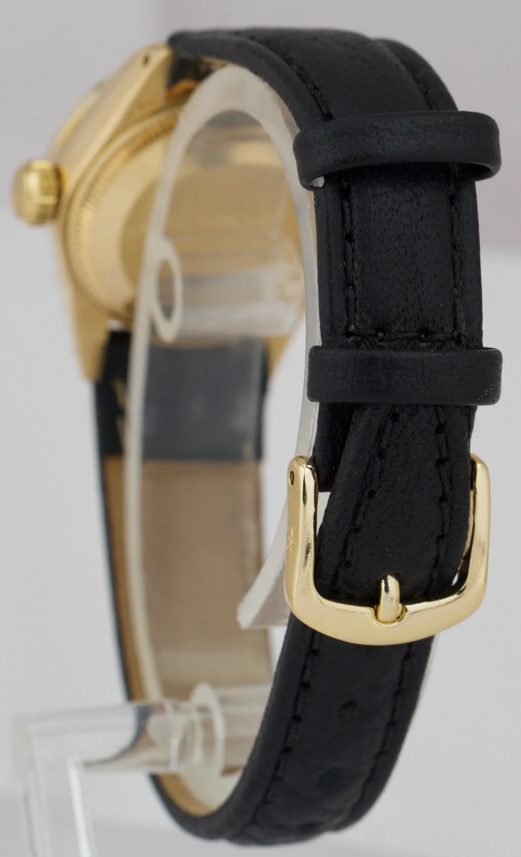 Ladies Rolex DateJust President 26mm Diamond Yellow Gold Black Leather 6917