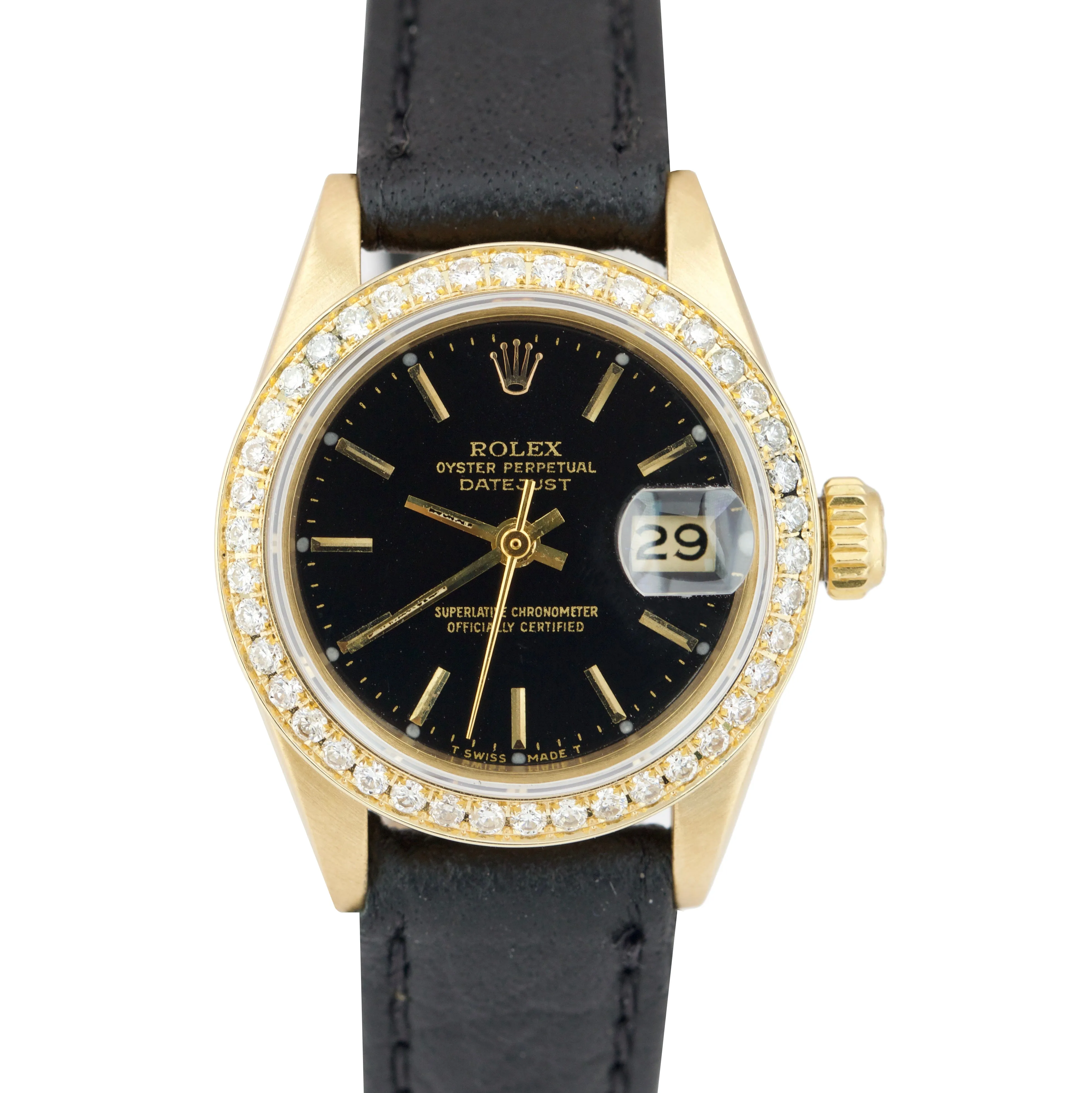 Ladies Rolex DateJust President 26mm Diamond Yellow Gold Black Leather 6917