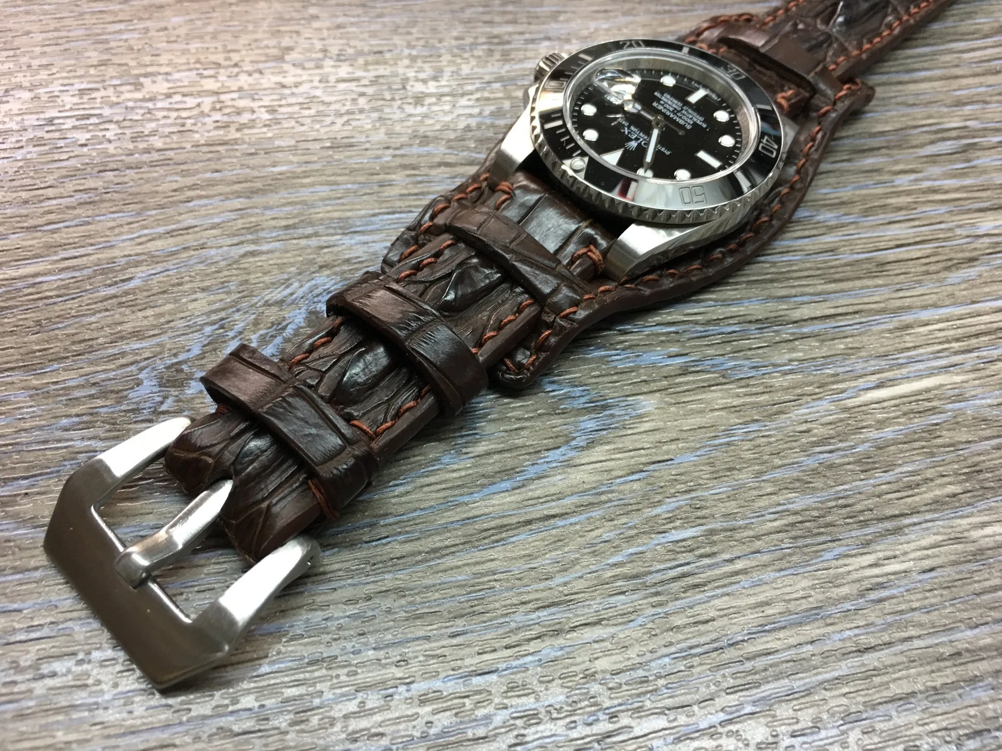 Leather Watch Strap, Full Bund Strap, Alligator Skin Watch band, Anniversary Gift Ideas, Wristwatch band 20mm