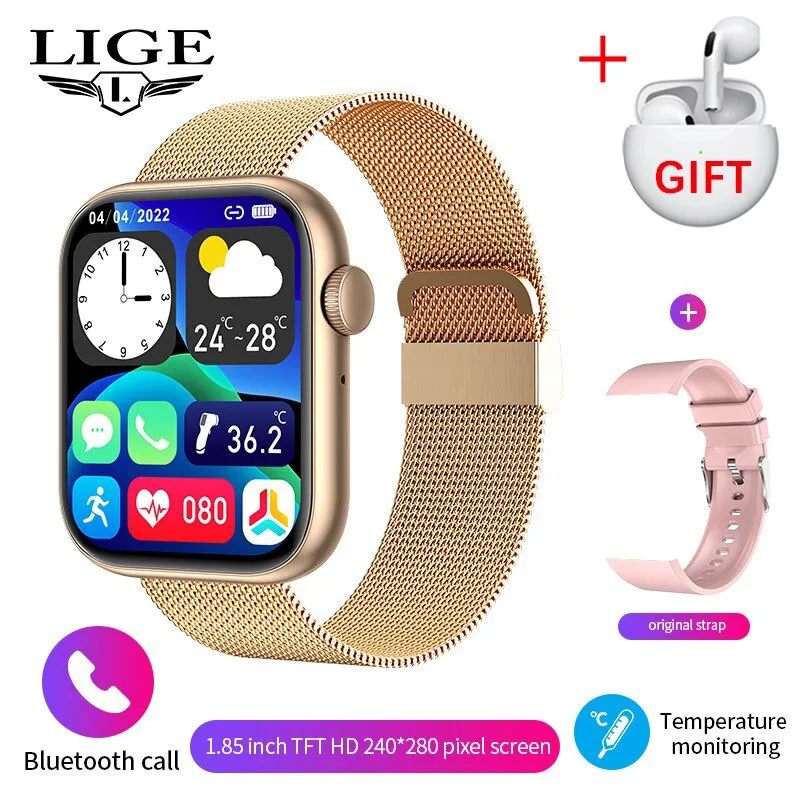 LIGE 1.85 Inch Bluetooth Call Smartwatch Women Men Sports Fitness Watches Woman Body Temperature Monitoring Smart Watch Ladies