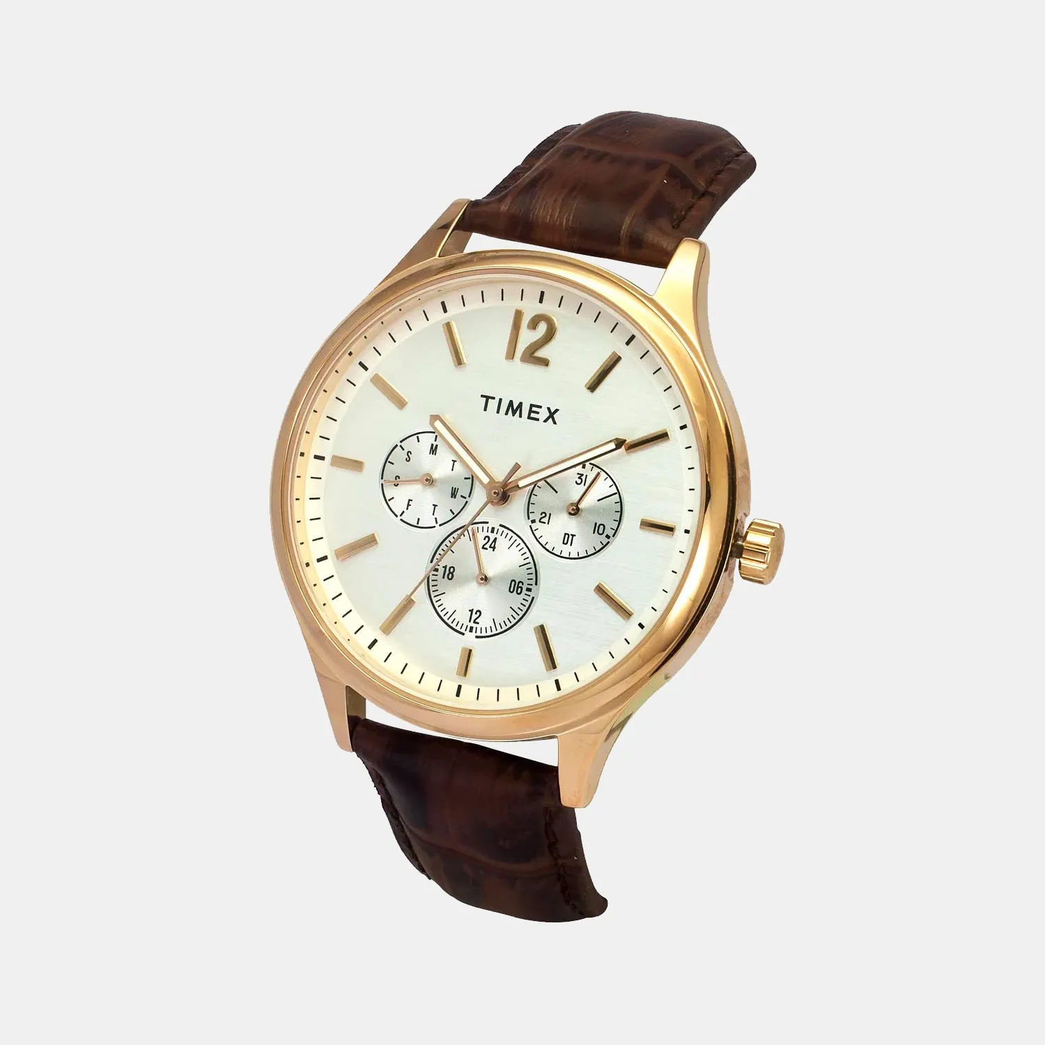 Men Quartz White Dial Multi-Function Leather Watch TWEG18433